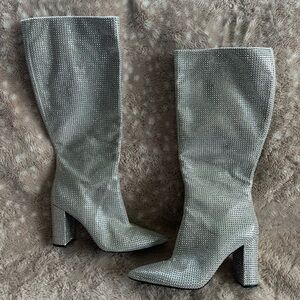 Mix No. 6 Silver Rhinestone Knee High Boots Size 9 1/2 Sparkly Party Heels